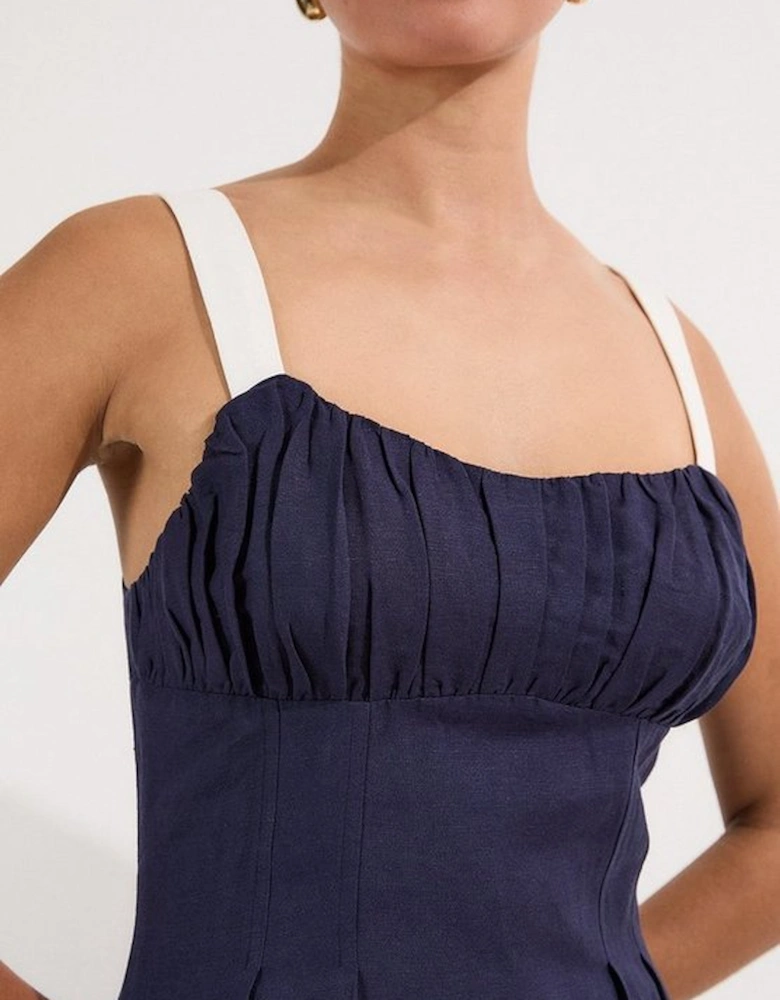 Linen Viscose Colour Block Strappy Woven Midi Dress