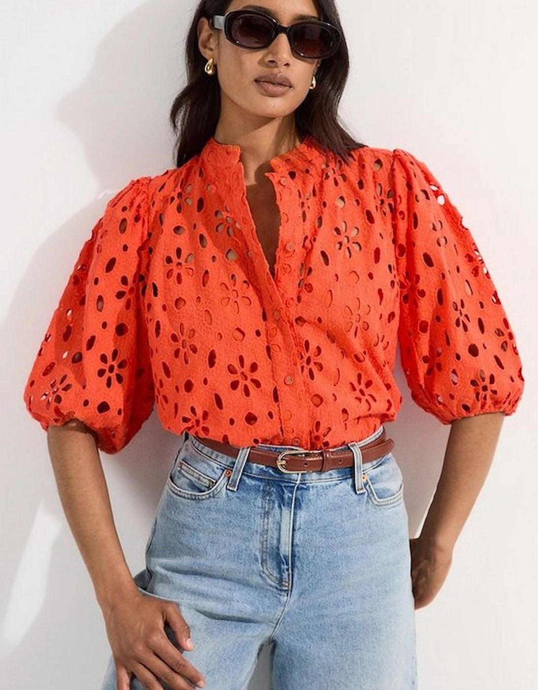 Cotton Broderie Belted Short Sleeve Woven Blouse, 4 of 3