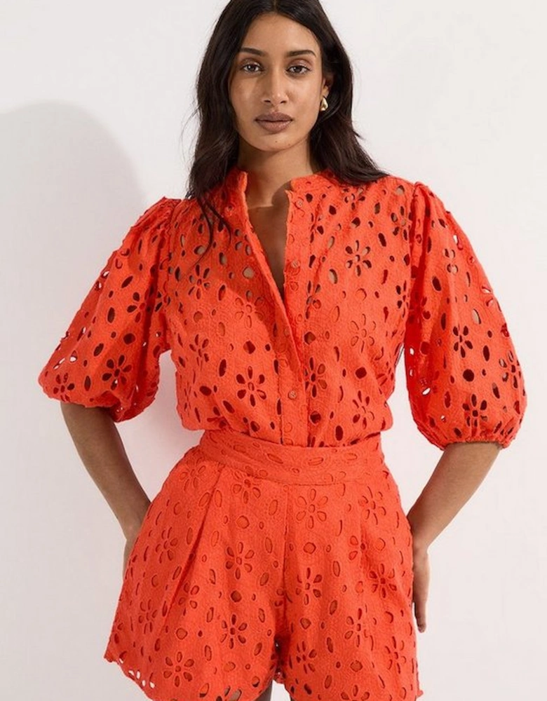 Cotton Broderie Belted Short Sleeve Woven Blouse