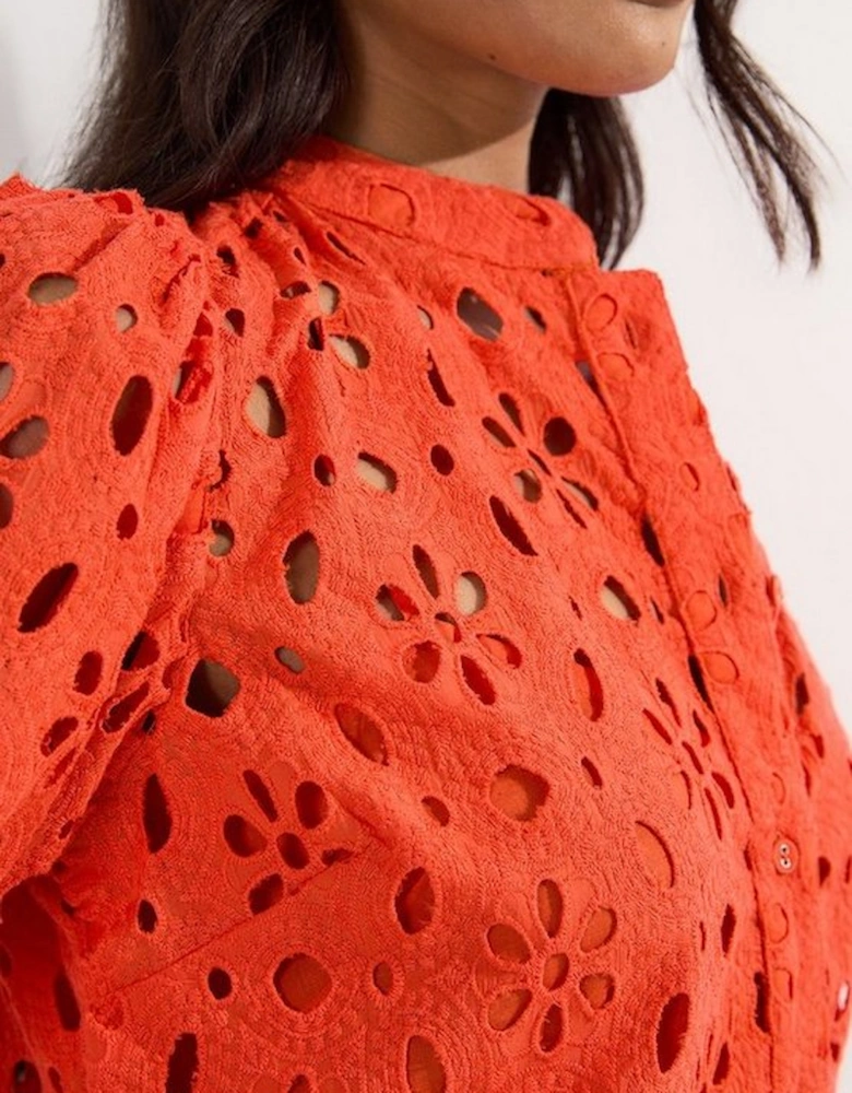 Cotton Broderie Belted Short Sleeve Woven Blouse