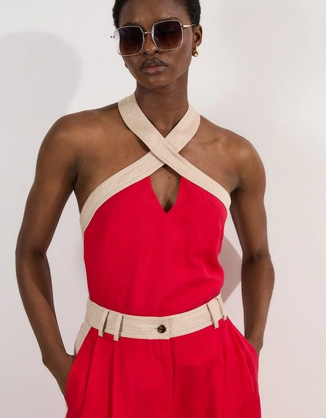 Contrast Linen Halter Neck Woven Top, 4 of 3