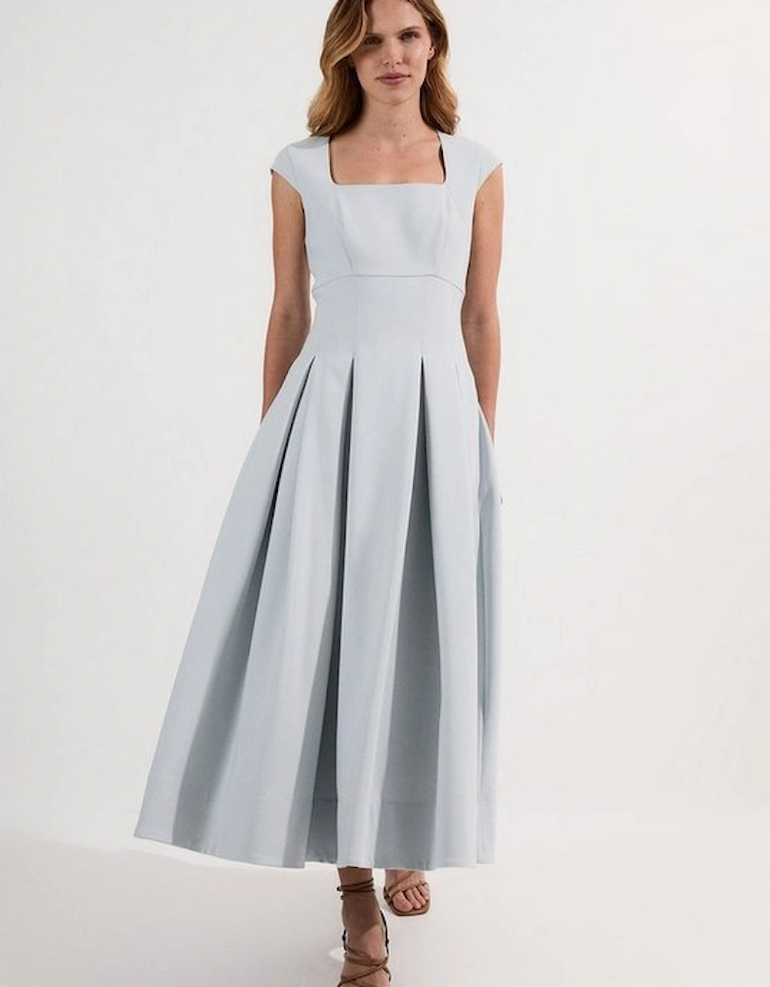 Compact Stretch Tailored Square Neck Full Skirted Midi Dress, 4 of 3