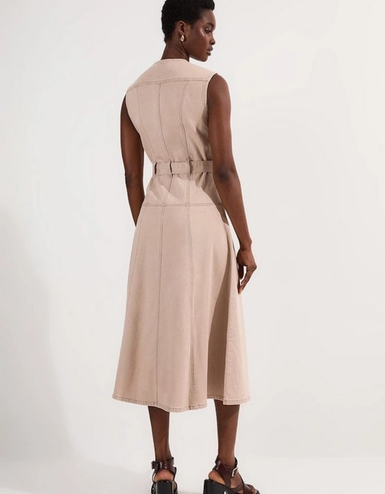 Coloured Denim Belted Midi Dress
