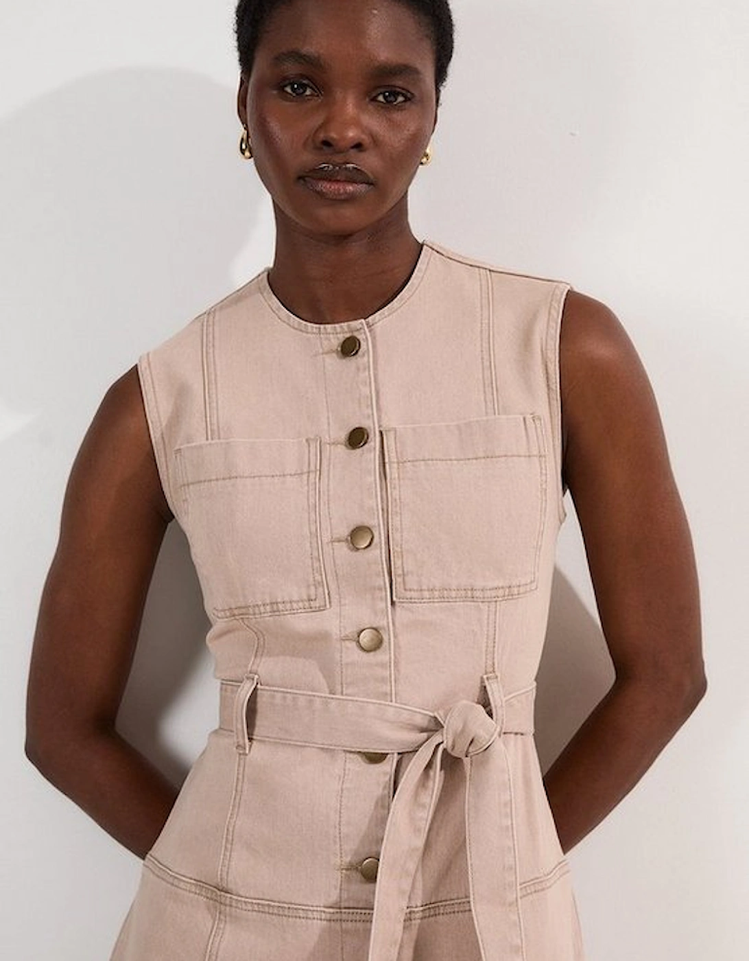 Coloured Denim Belted Midi Dress