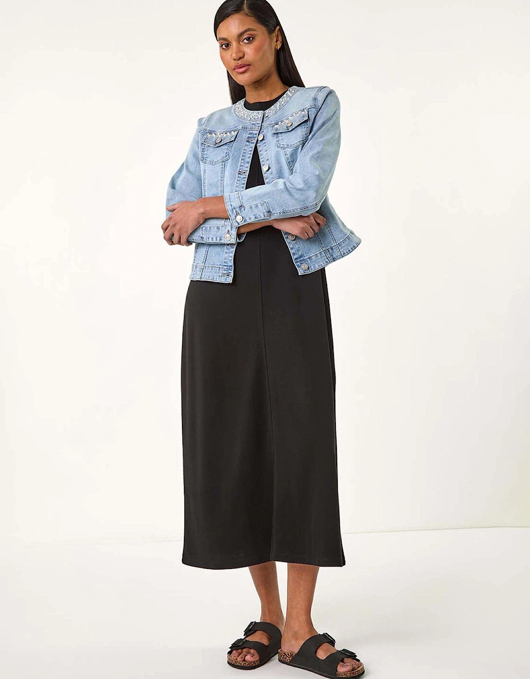 Pearl Detail Collarless Jacket - Blue, 2 of 1