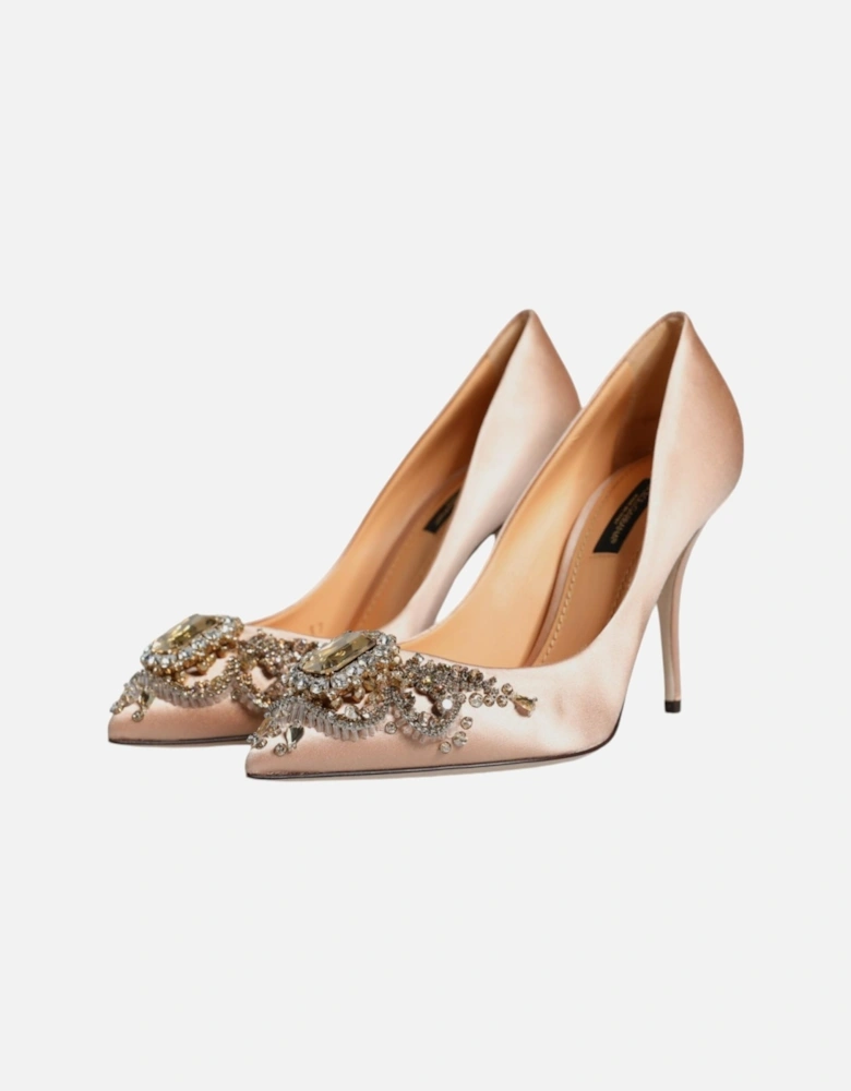 Embellished Satin Heels with Logo Details Women - Beige Pumps