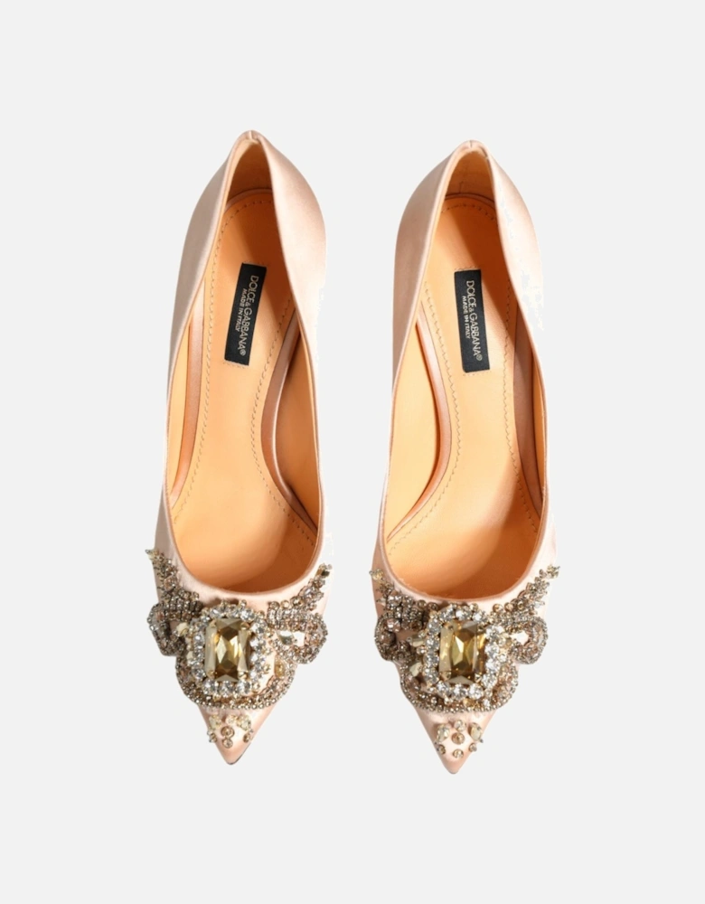 Embellished Satin Heels with Logo Details Women - Beige Pumps
