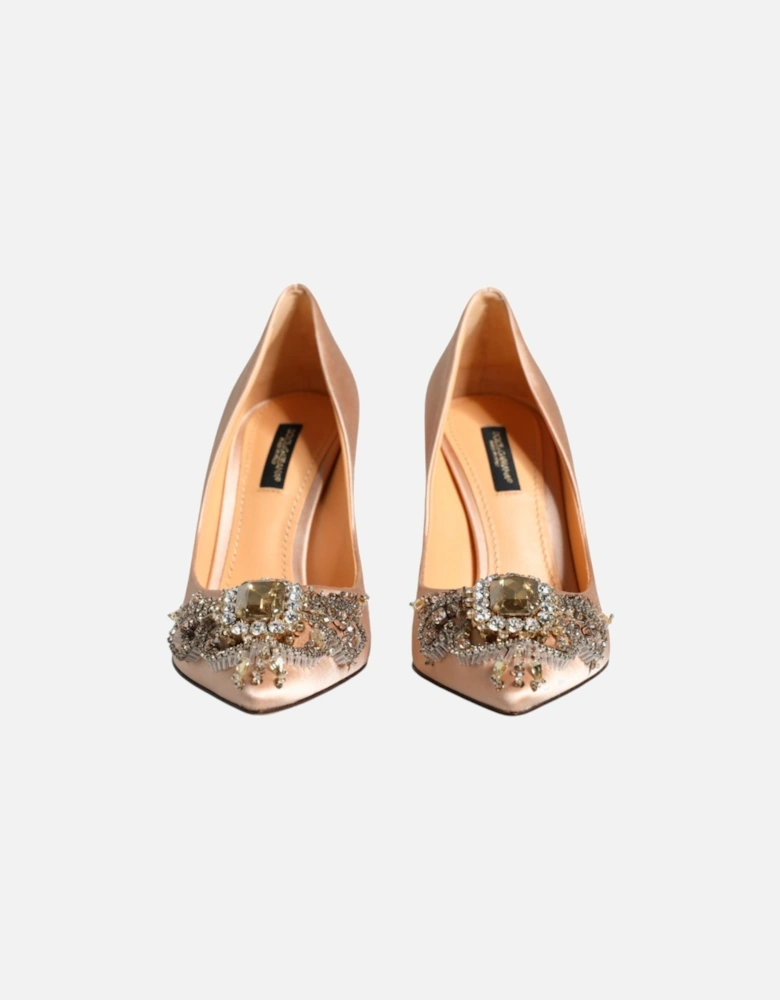 Embellished Satin Heels with Logo Details Women - Beige Pumps