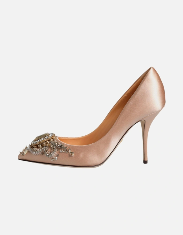 Embellished Satin Heels with Logo Details Women - Beige Pumps