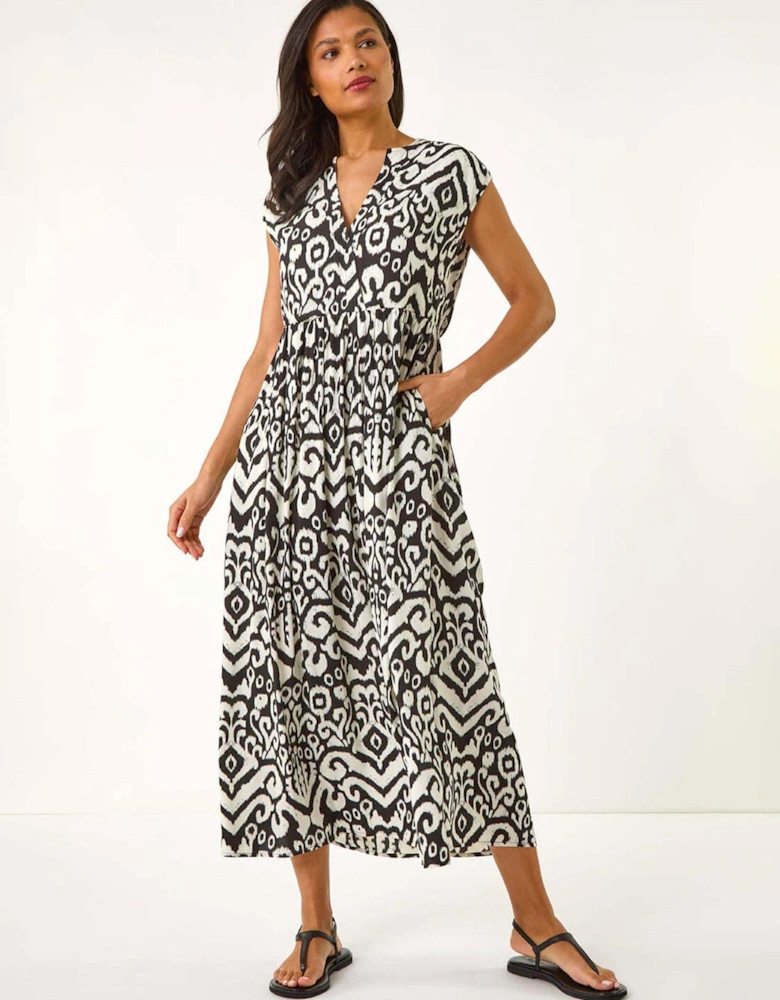 Aztec Print Midi Smock Dress - Black
