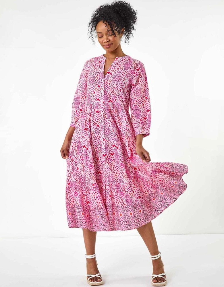 Petite Aztec Tiered Midi Dress - Pink