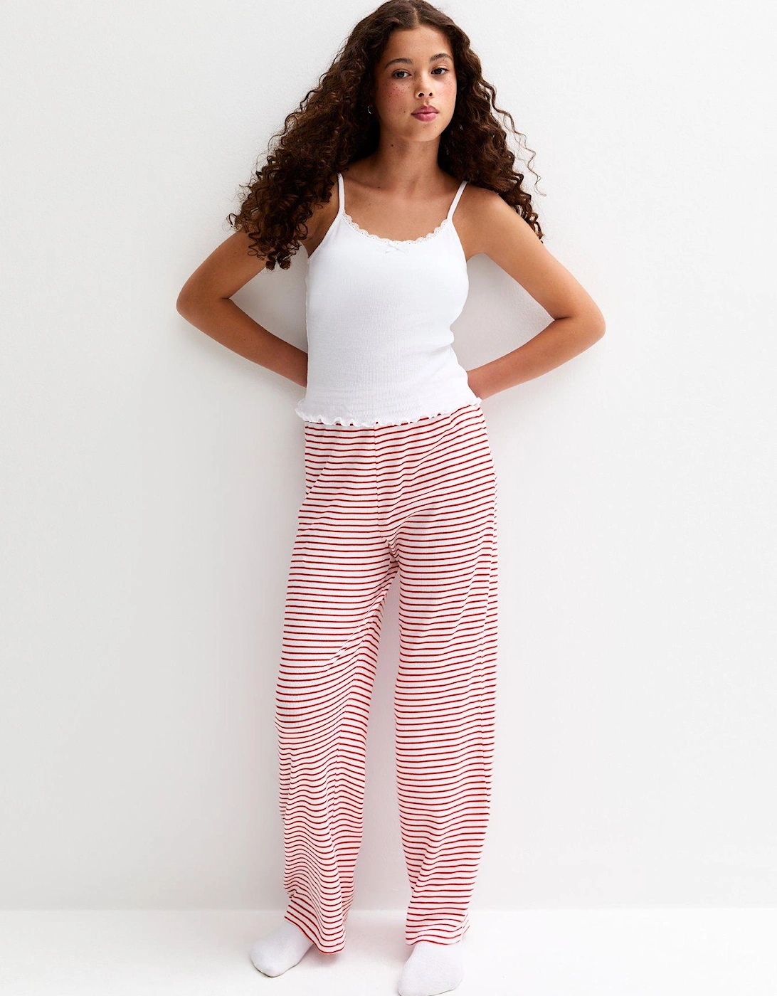Girls White Cami Top And Striped Trousers Pyjama Set, 2 of 1