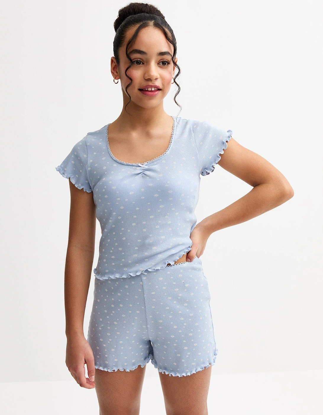 Girls Blue Ditsy Floral Print Lettuce Trim T-shirt And Shorts Pyjama Set, 2 of 1