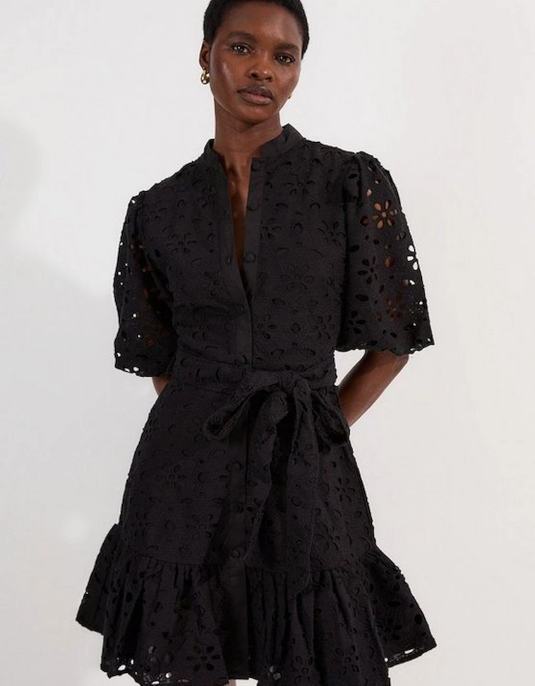 Cotton Broderie Belted Woven Mini Dress