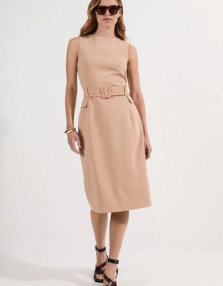Compact Essential Belted Tailored Midi Dress