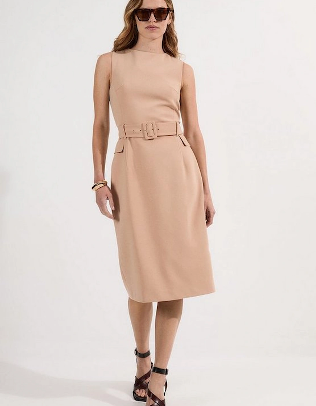 Compact Essential Belted Tailored Midi Dress