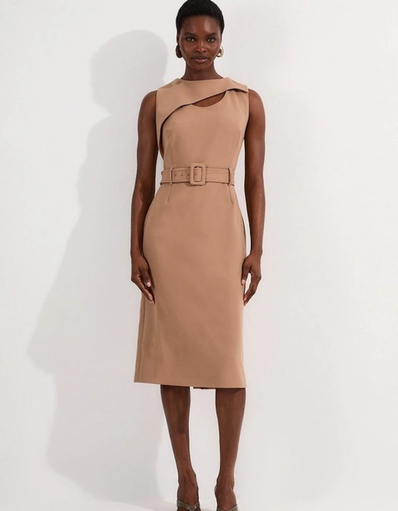 Compact Stretch Belted Pencil Midi Dress