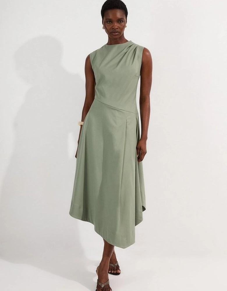 Tailored Drapey Bodice Asymmetric Midi Dress