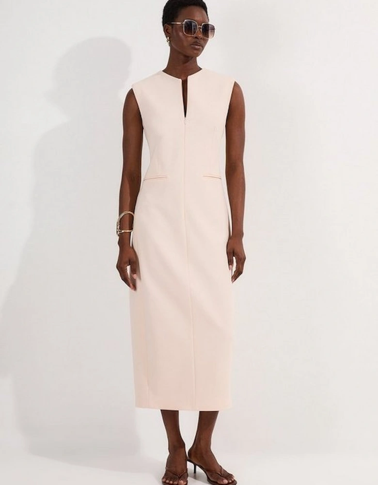 Compact Stretch Zip Through Tailored Pencil Midi Dress