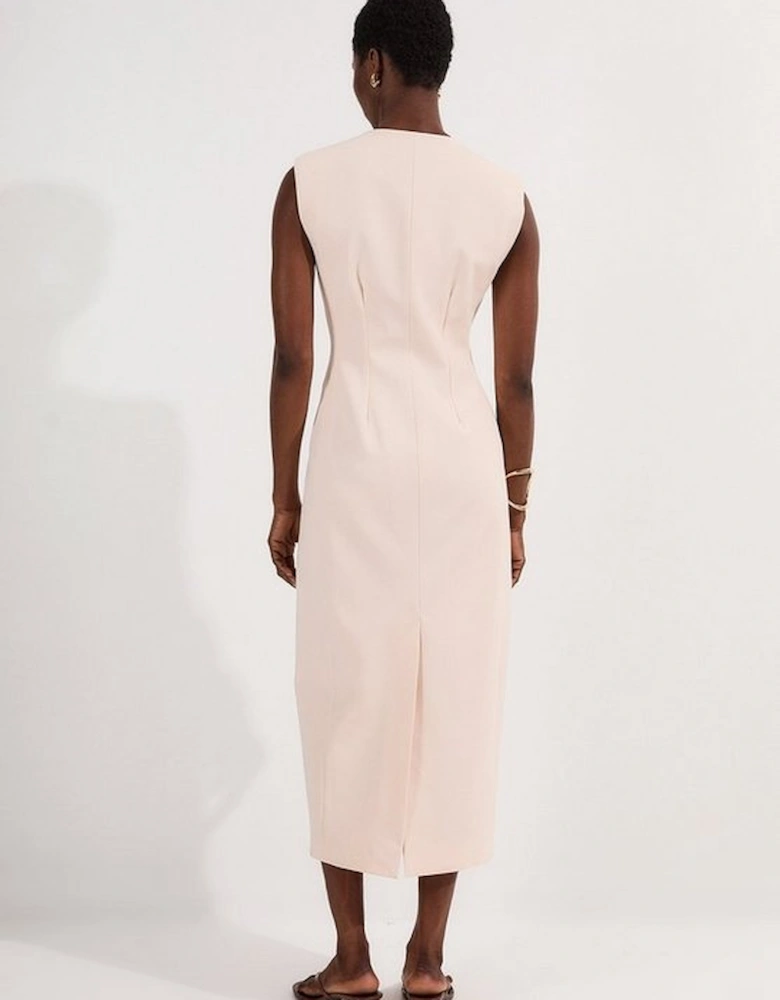 Compact Stretch Zip Through Tailored Pencil Midi Dress