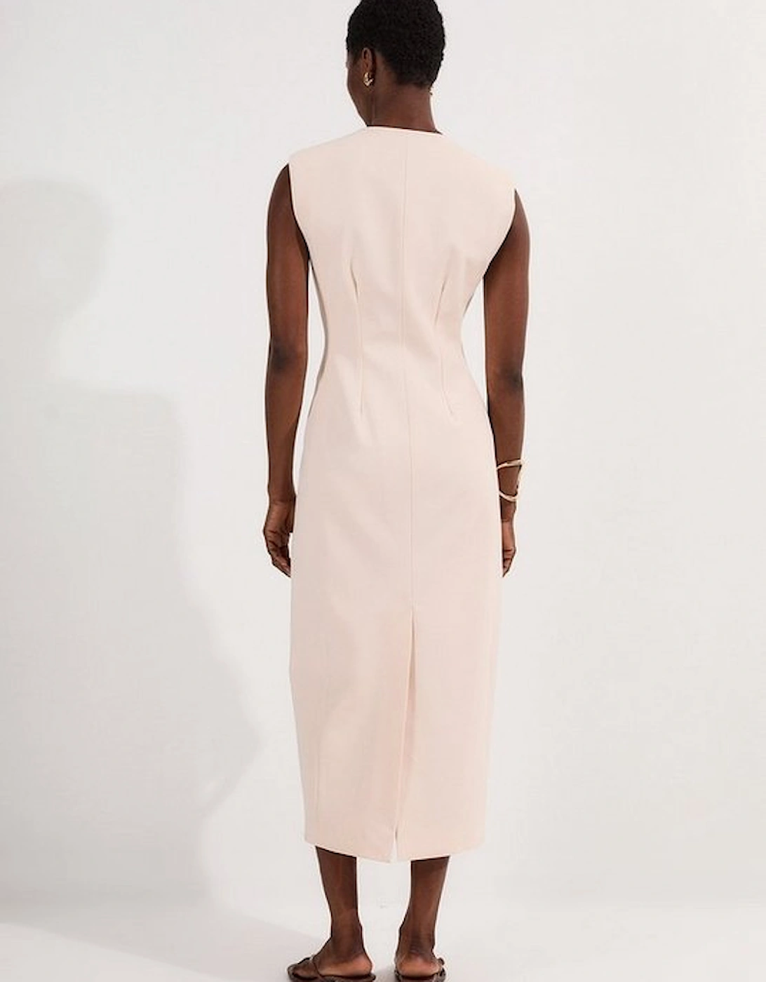 Compact Stretch Zip Through Tailored Pencil Midi Dress
