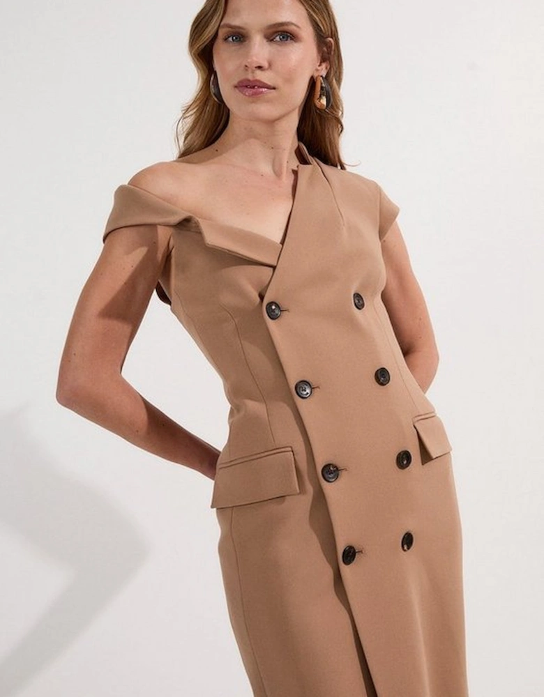 Compact Stretch Asymmetric Collar Tailored Pencil Maxi Dress