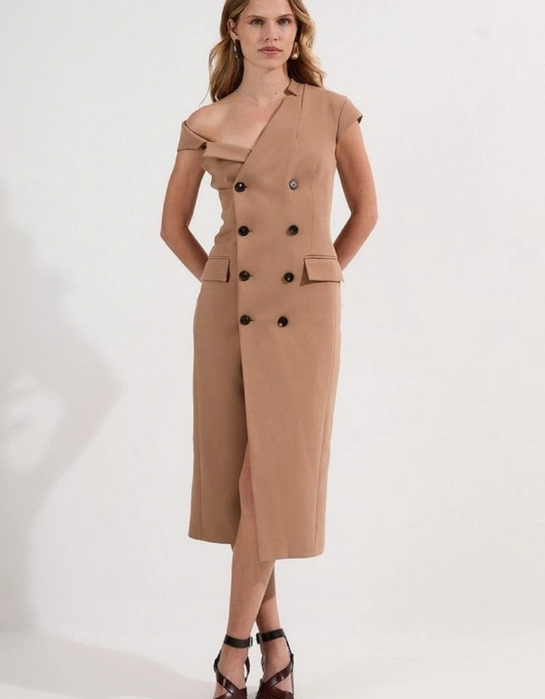 Compact Stretch Asymmetric Collar Tailored Pencil Maxi Dress