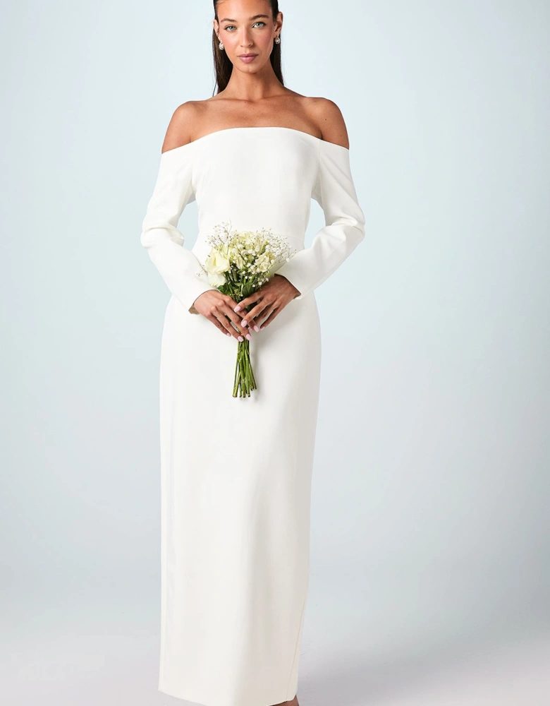 Bardot Long Sleeve Crepe Column Wedding Dress