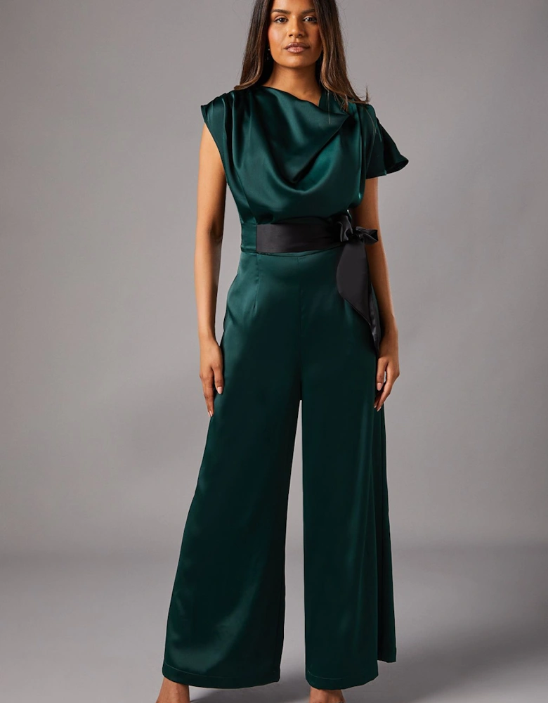 Petite Tie Side Satin Drape Wide Leg Jumpsuit