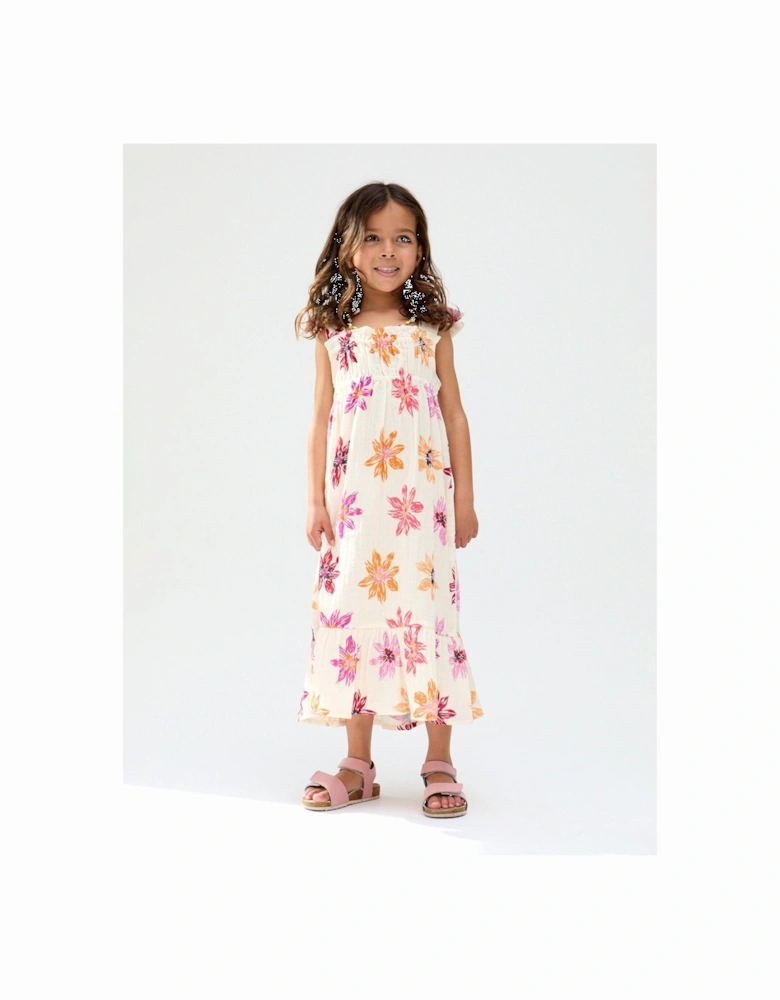 Girls Flora Flower Printed Dress - Cream