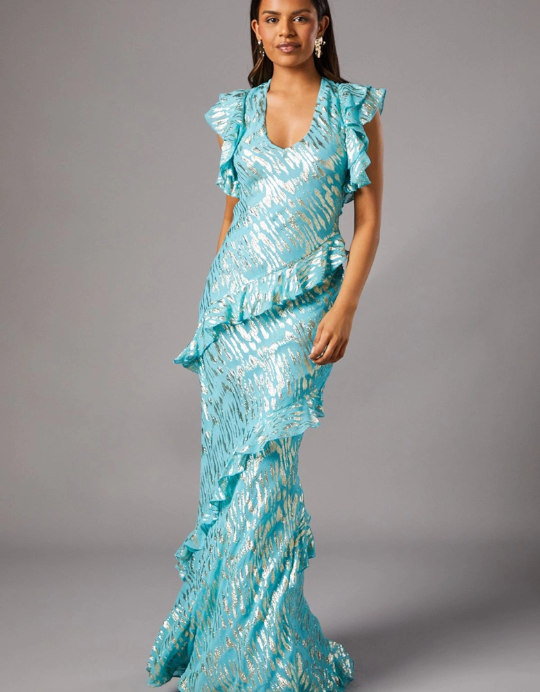 Petite Metallic Jacquard Frill Midi Dress