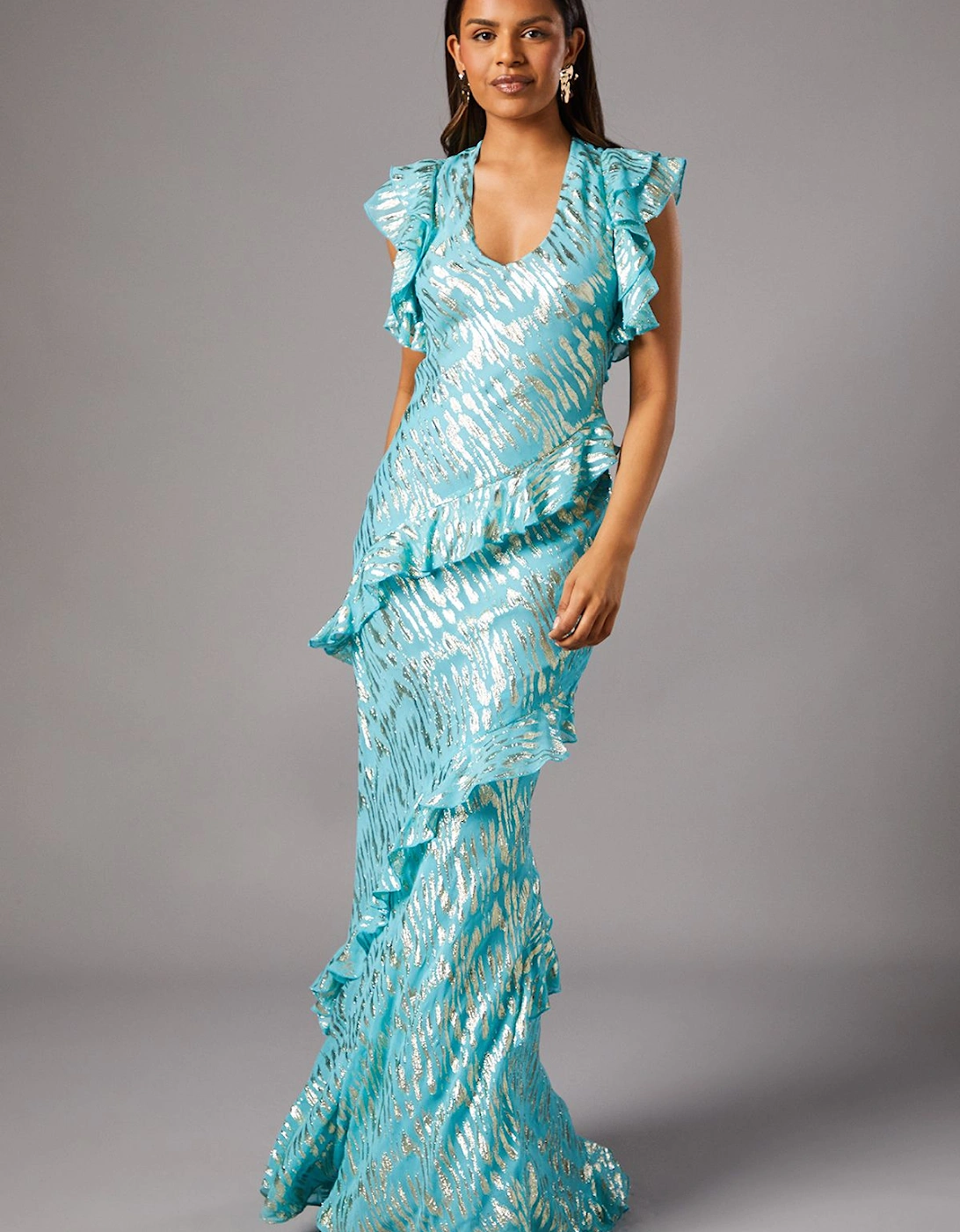 Petite Metallic Jacquard Frill Midi Dress, 2 of 1