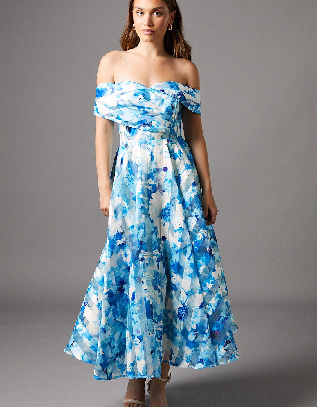 Stripe Organza Pleated Top Floral Print Midi Dress, 2 of 1