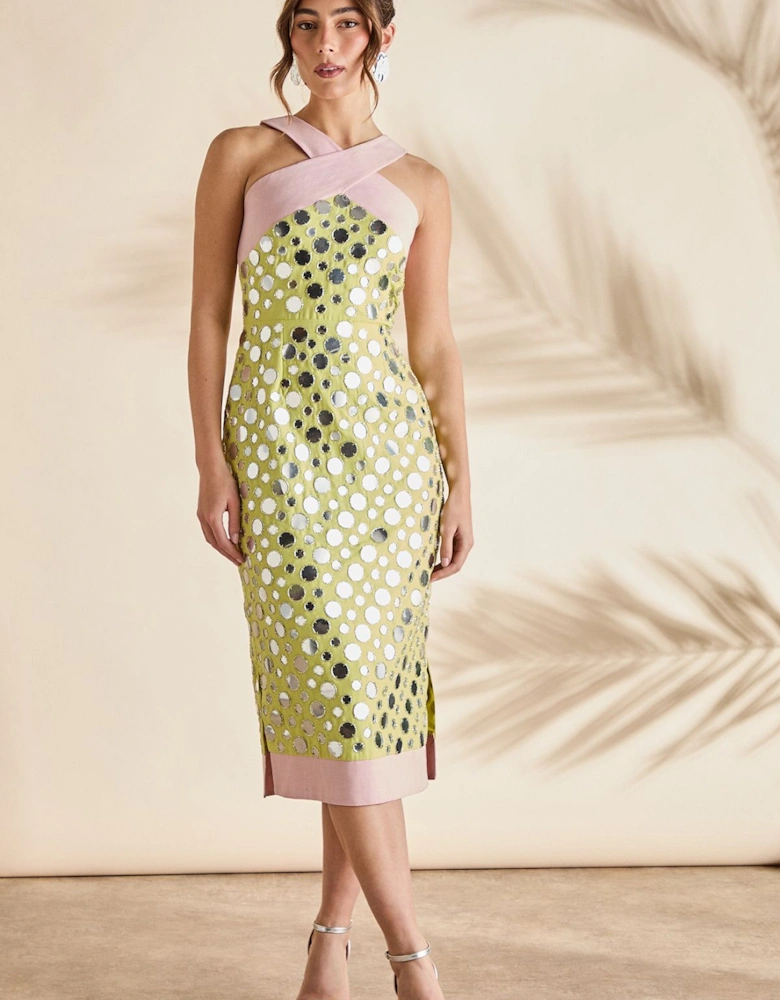 Cross Neck Mirror Sequin Midi Dress