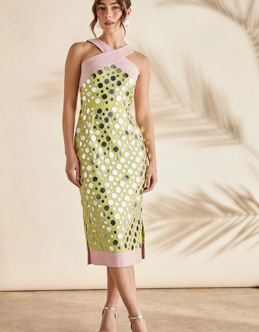 Cross Neck Mirror Sequin Midi Dress, 2 of 1