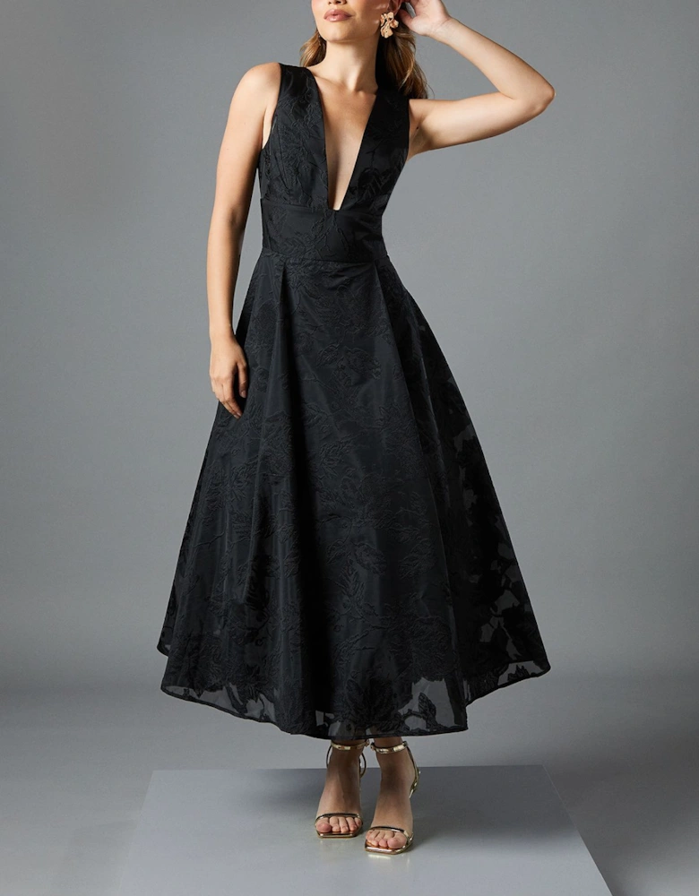 Plunge V Full Skirted Jacquard Midi Dress