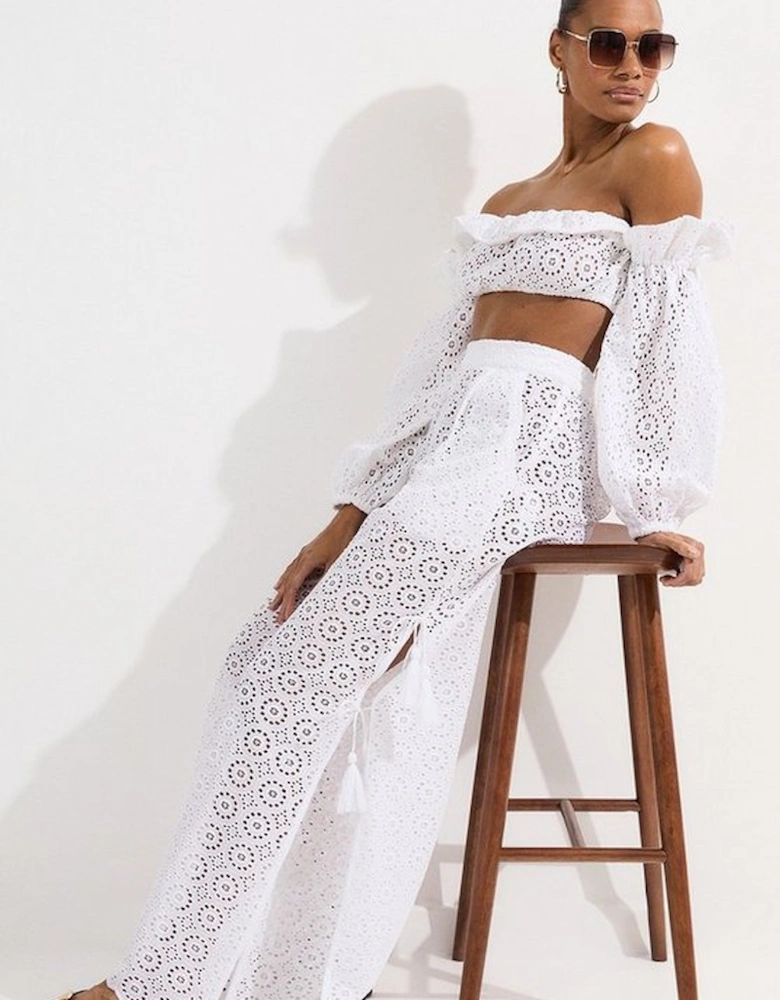 Beach Woven Broderie Split Leg Trouser