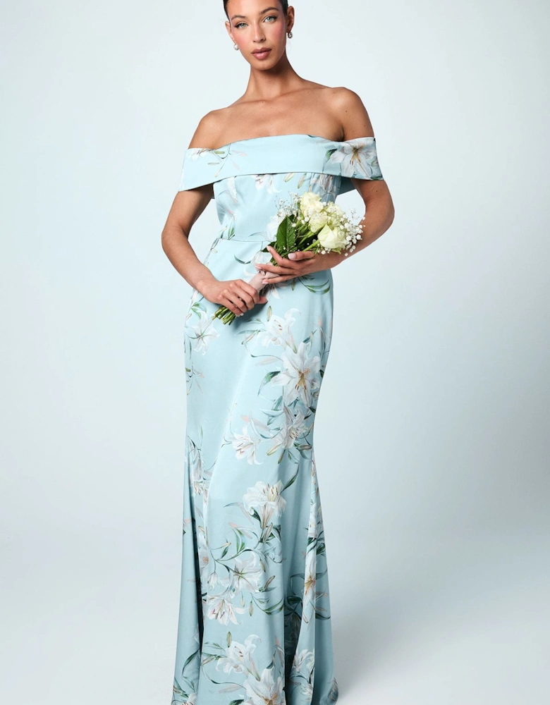 Printed Bardot Satin Bridesmaids Dress