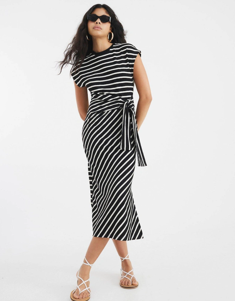 Short Sleeve Stripe Knot Side Dress - Black
