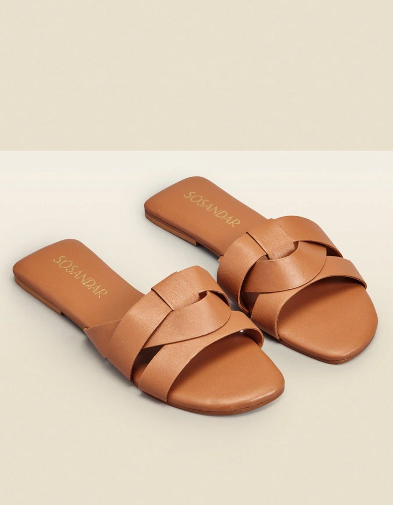 Amore Leather Cross Strap Flat Mule Sandals - Tan