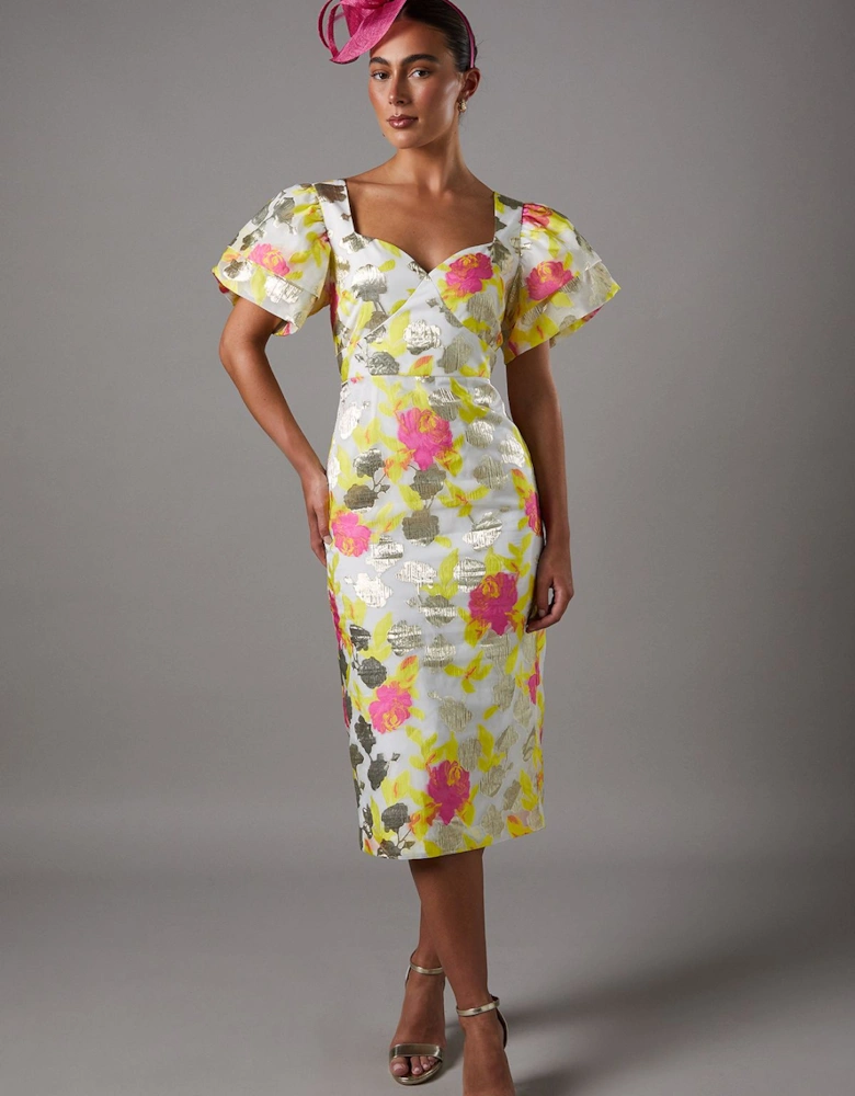 Metallic Jacquard Volume Sleeve Midi Dress