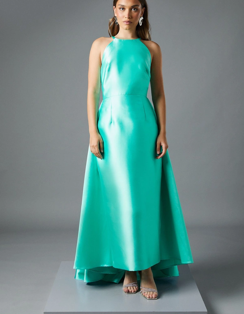Halterneck Twill Column Maxi Dress With Overskirt