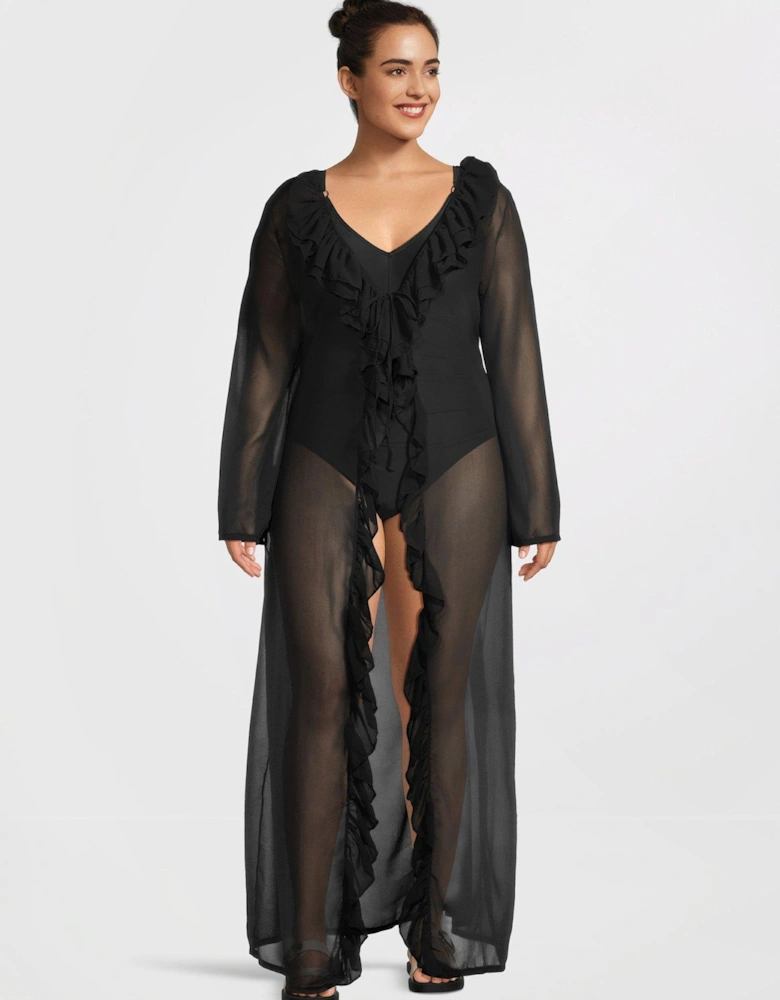 Curve ruffle maxi kaftan in black