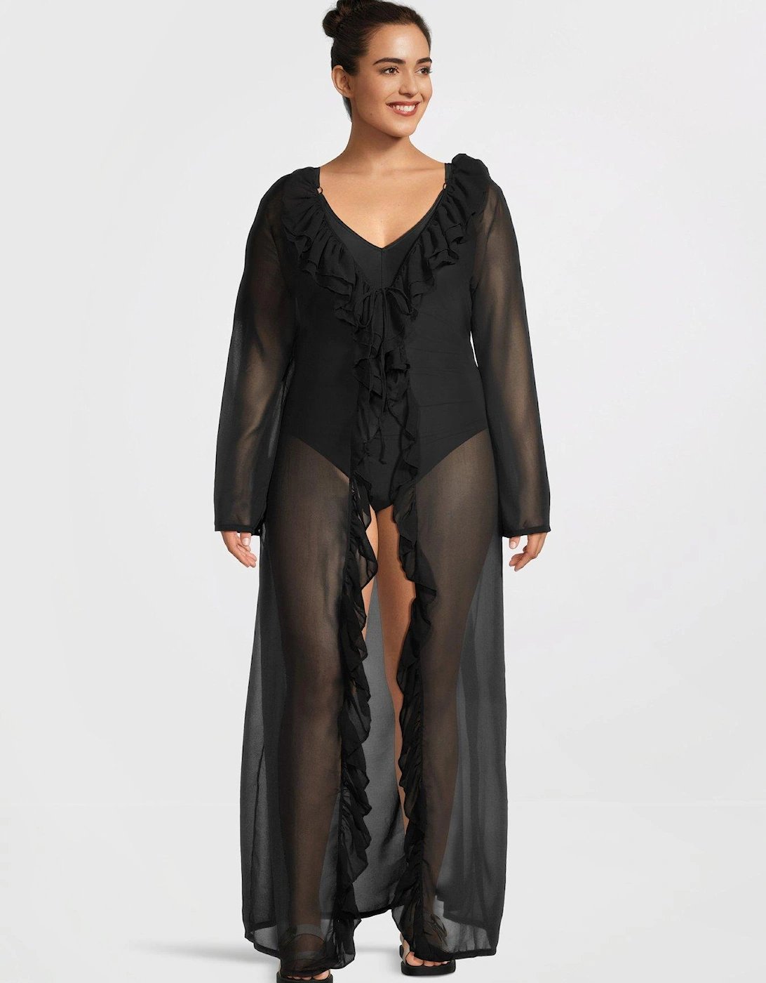 Curve ruffle maxi kaftan in black, 2 of 1