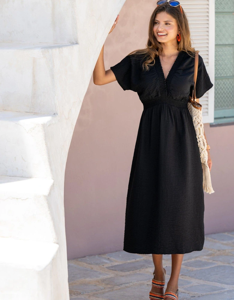 Shirred Neckline Textured Woven Midi Dress