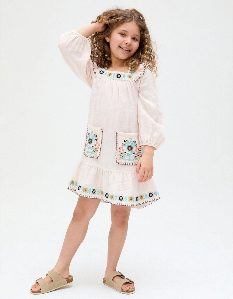 Girls Square Neck Placement Print Dress - Pink