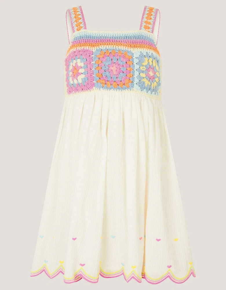 Girls Cheesecloth Crochet Dress - White