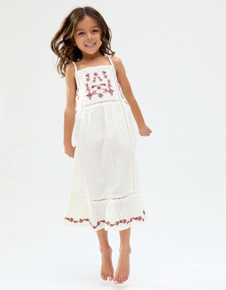 Girls Elena Embrodiery Placement Dress - Cream