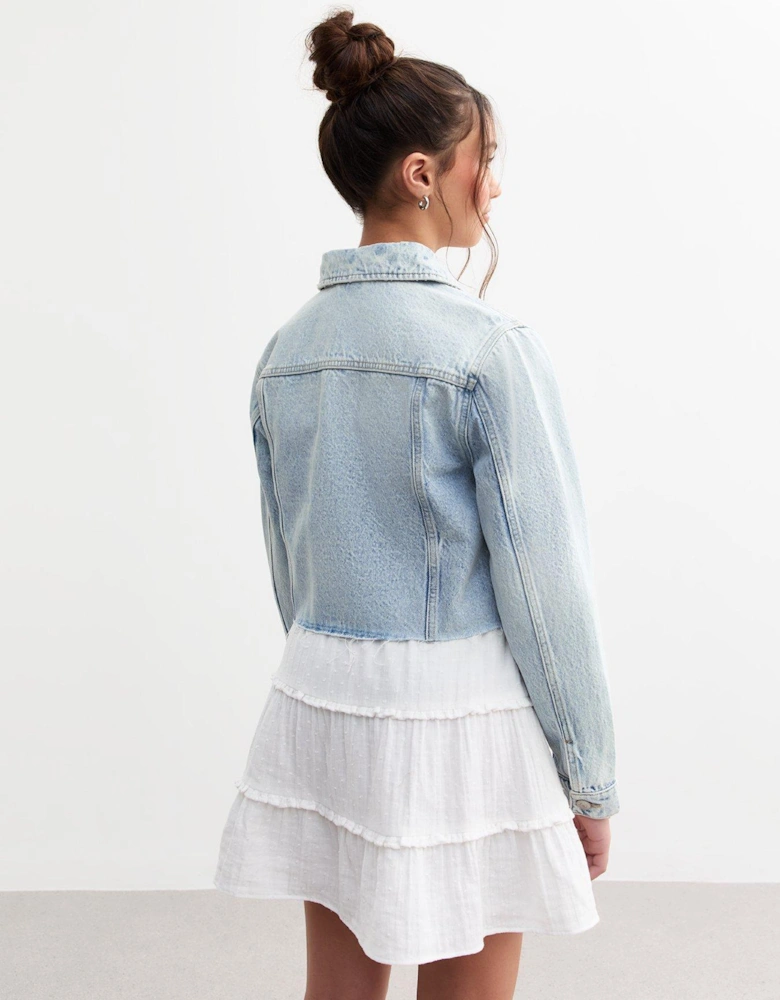 Girls Bright Blue Cropped Distressed Denim Jacket