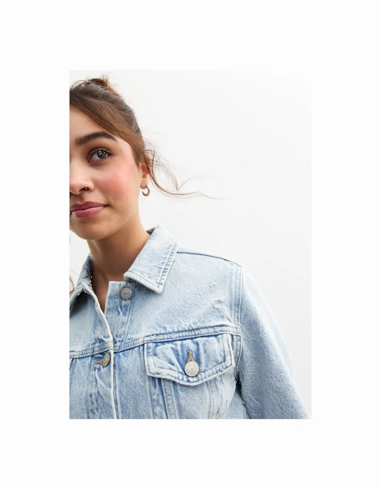 Girls Bright Blue Cropped Distressed Denim Jacket